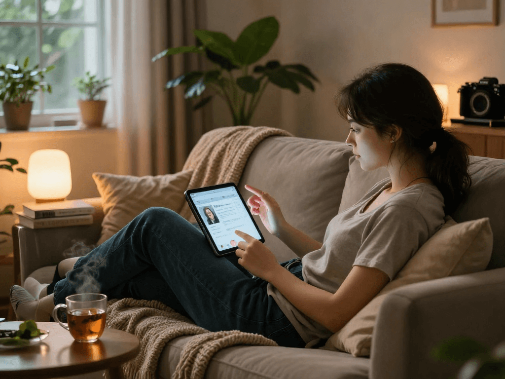 Engaging in AI sex chat on a cozy sofa with warm lighting and romance novels.