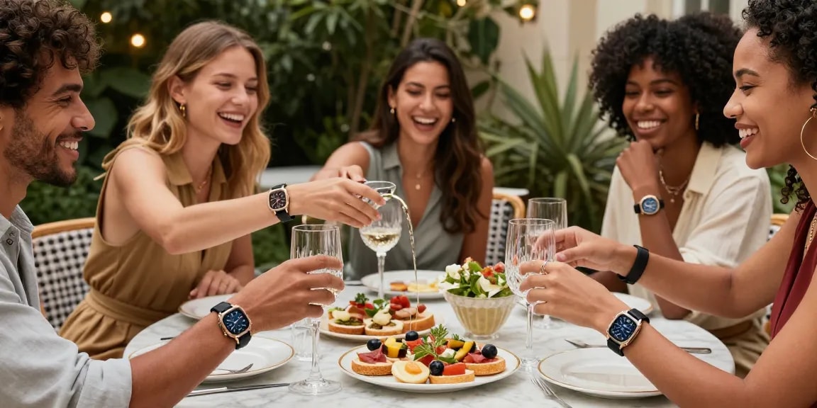 Friends enjoying a chic gathering while showcasing super clone watches with intricate details in a luxurious outdoor setting.