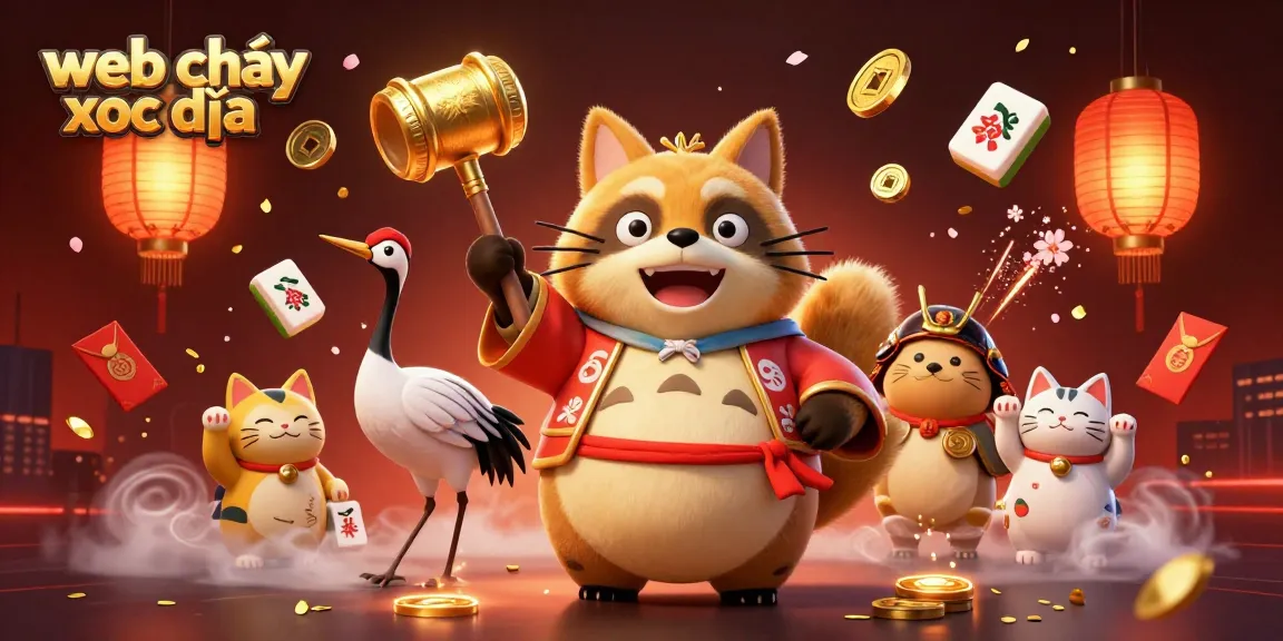 Engage with the vibrant web chơi xóc đĩa scene showcasing lucky tanuki, samurai crane, waving fortune cats.