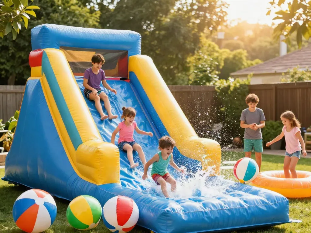 Children laughing on an inflatable water slide at a summer party.
