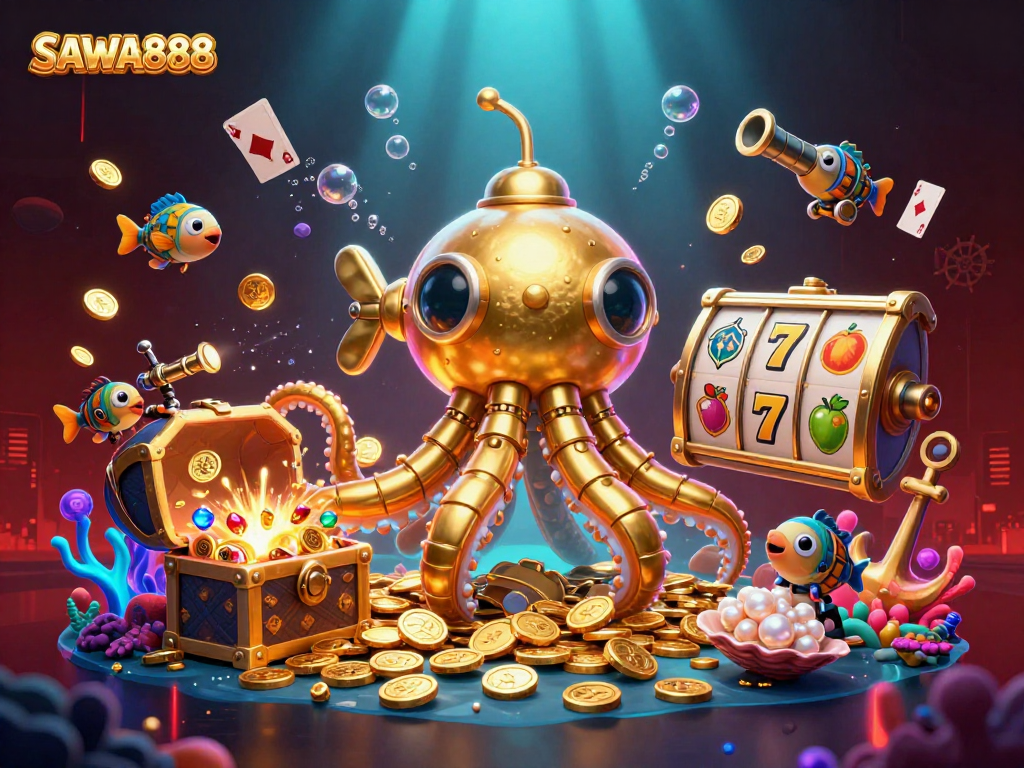 SAWA888 engages players with vibrant cartoon visuals depicting slots, gold coins, and a kraken submarine.
