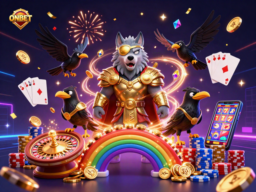 Experience ONBET excitement with Norse-inspired characters amid vibrant casino elements.