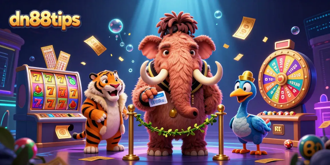 Check IDs at the entry to dn88tips casino with vibrant slot reels and lottery elements.