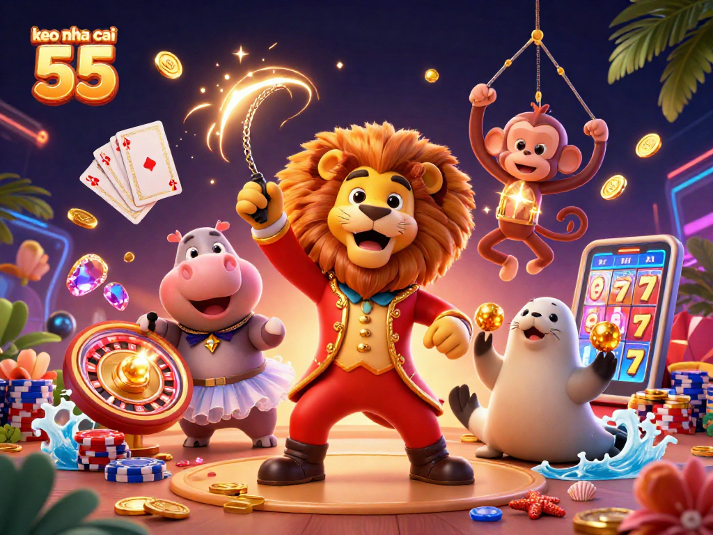 Experience the excitement of keo nha cai 55 with vibrant casino characters and dynamic elements in this colorful illustration.