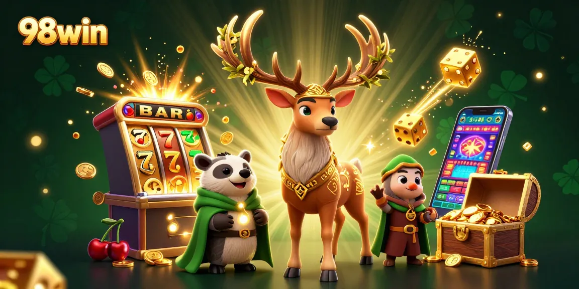 Experience thrilling action with 98win as characters engage in winning casino games surrounded by vibrant symbols.