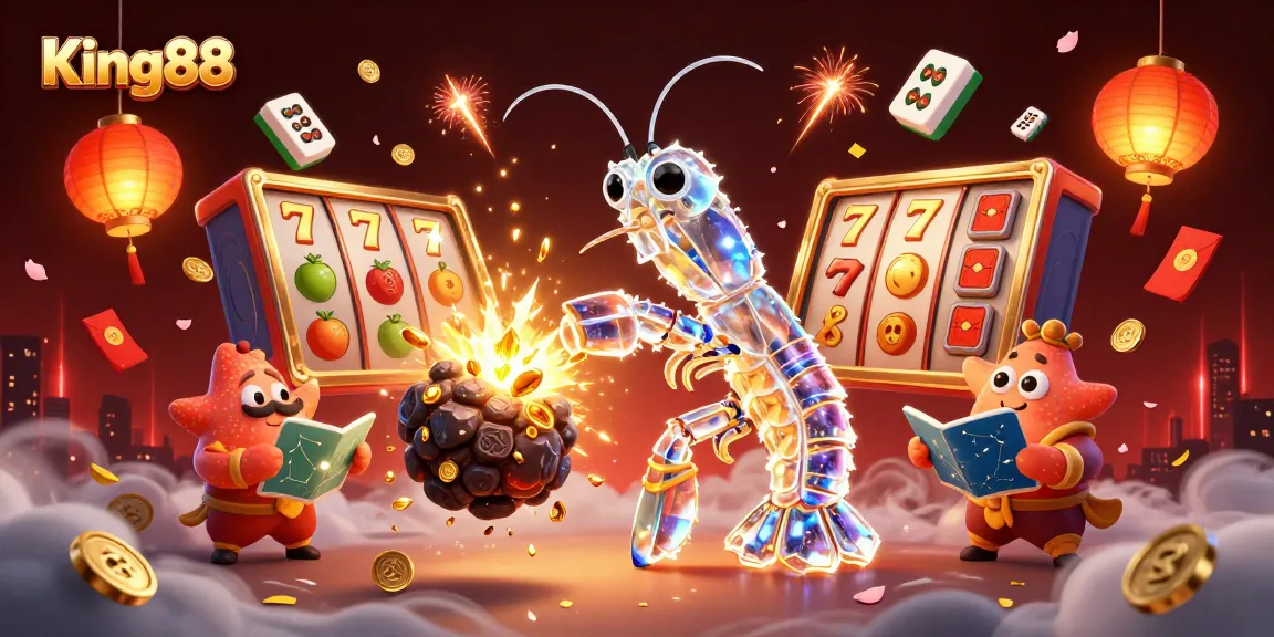 Experience King88's thrilling jackpot action with a vibrant 3D casino illustration of a galactic shrimp hero.