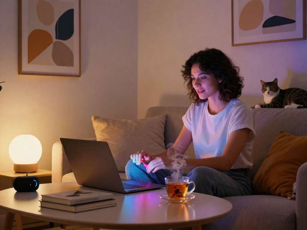 Engaging in ai sex chat on a laptop in a cozy home environment with stylish decor.