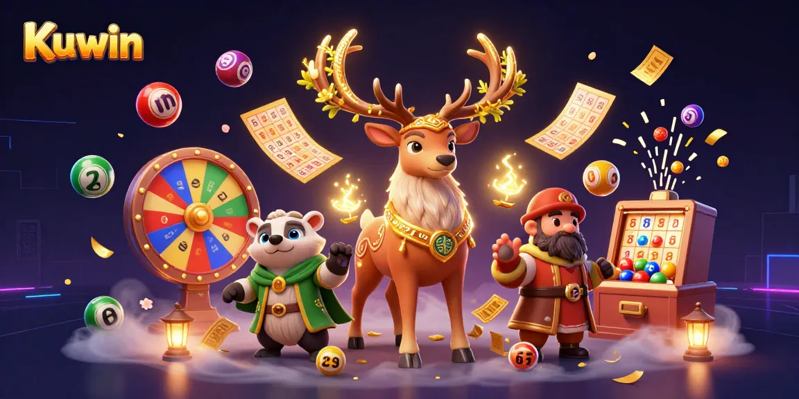 Kuwin casino experience with a druid stag and badger amidst lottery elements, spinning wheels, and vibrant colors.
