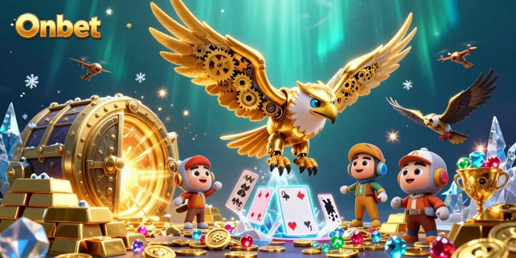 Experience thrilling wins with Onbet as the golden eagle dives through holographic cards surrounded by treasures.