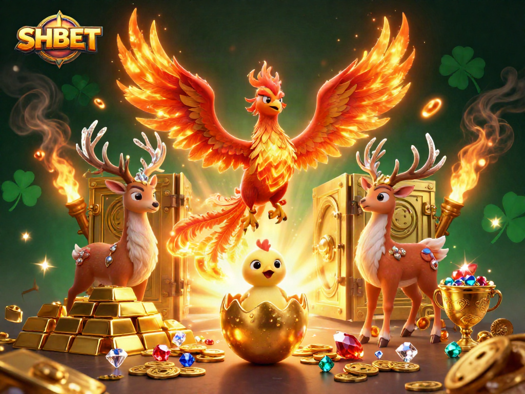 Engage with SHBET's thrilling online gaming experience featuring vibrant phoenixes and treasure.