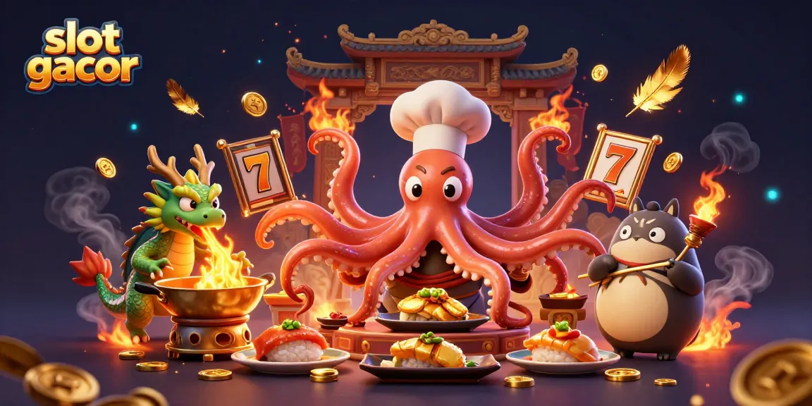 Experience thrilling slot gacor action with a vibrant 3D illustration featuring an octopus chef and dragon.