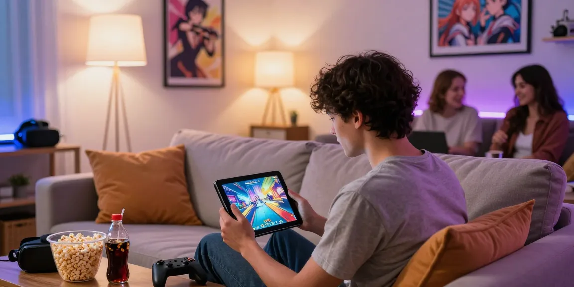 Engaging gameplay experience with a hentai game on a tablet surrounded by friends and snacks.