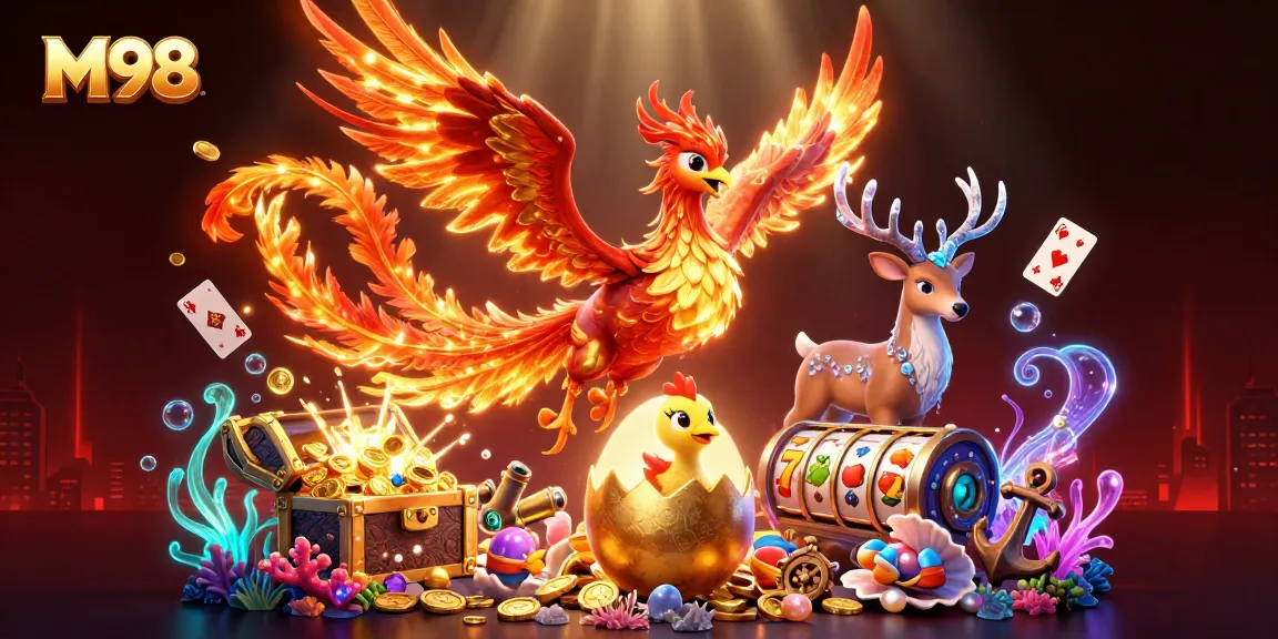 M98 offers exciting slots and live casino experiences with vibrant 3D characters and casino elements.