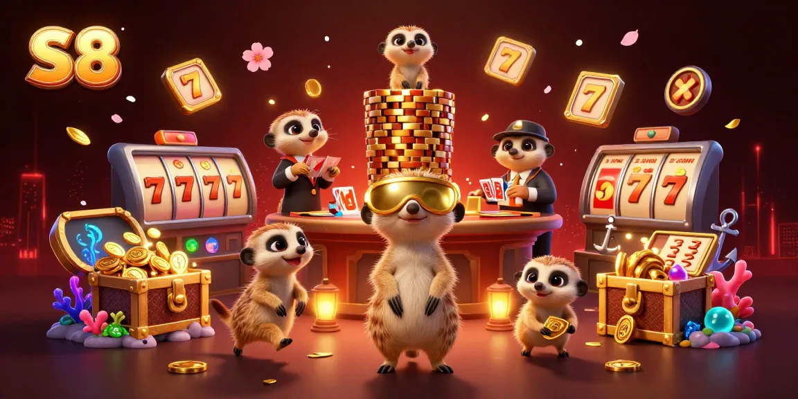 S8's vibrant casino scene with meerkats engaging in thrilling gambling action, featuring slot reels and gold coins.