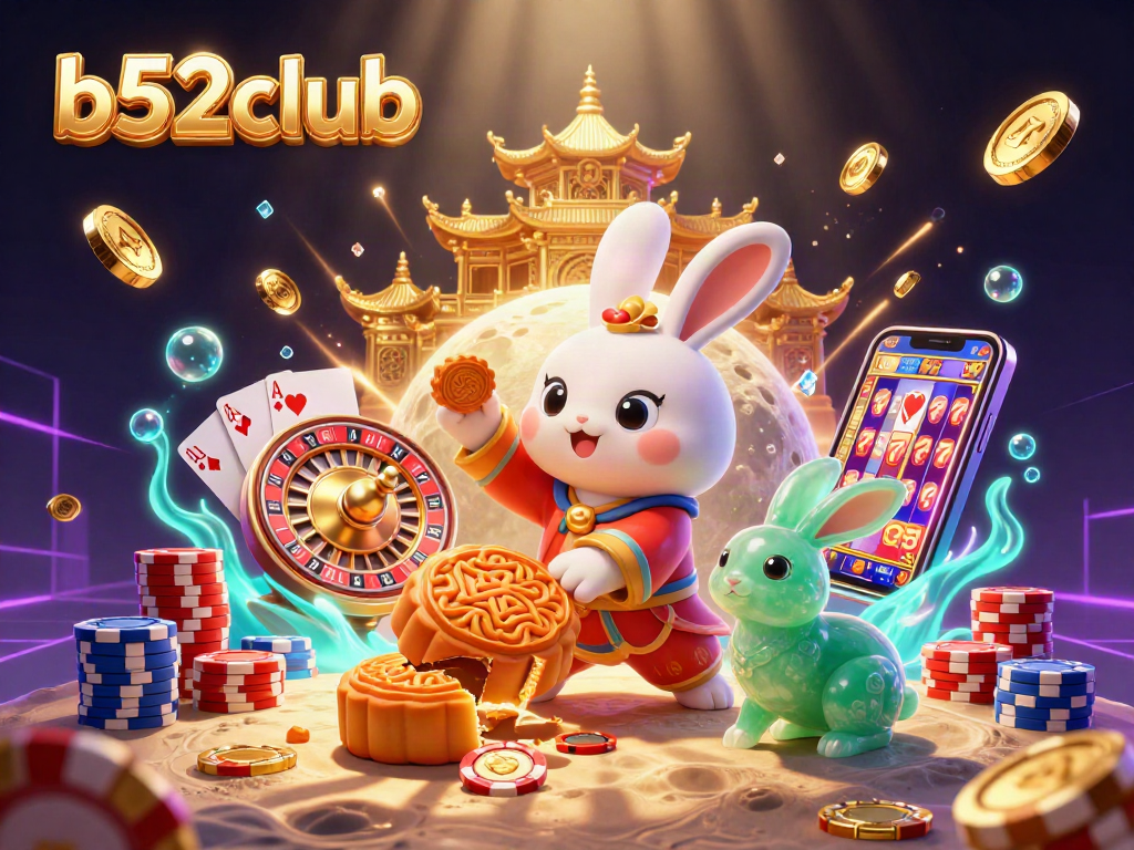 b52club moon rabbit joyfully pounds mooncakes revealing poker chips in a vibrant casino scene.