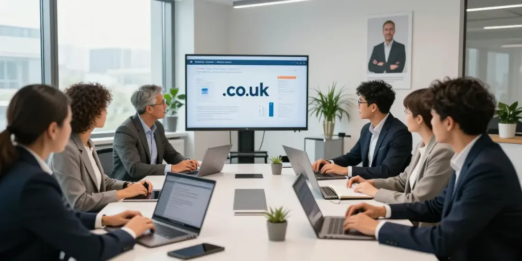 Team discussing .co.uk domain registration strategy in a modern office.