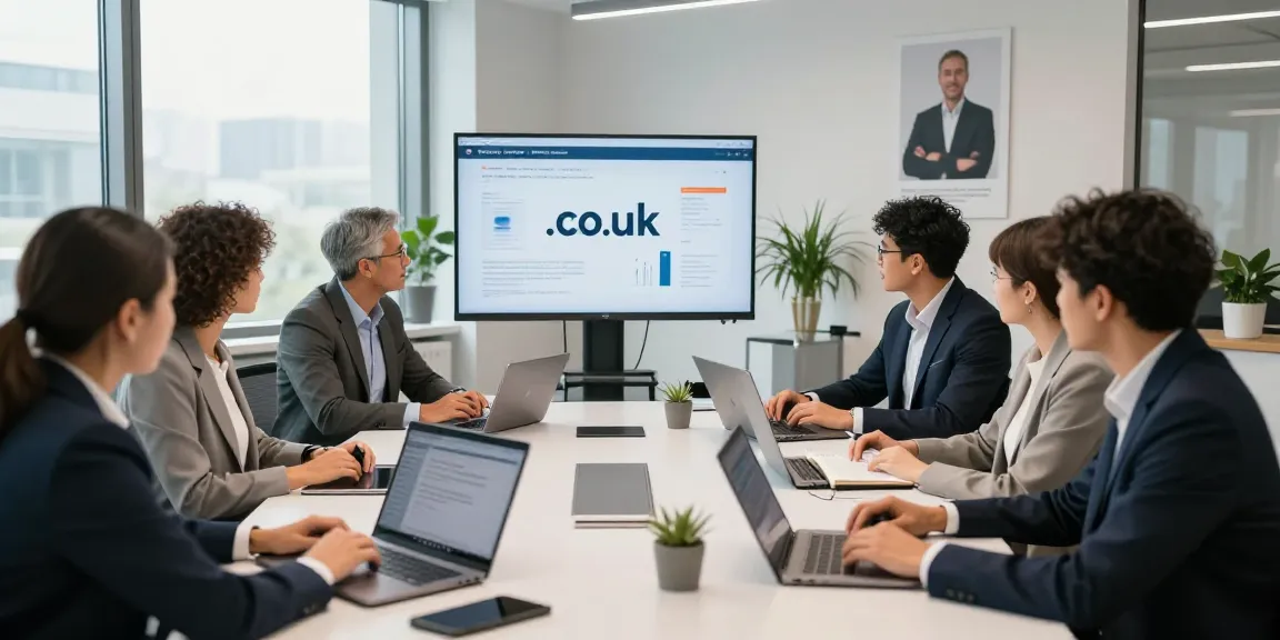 Team discussing .co.uk domain registration strategy in a modern office.