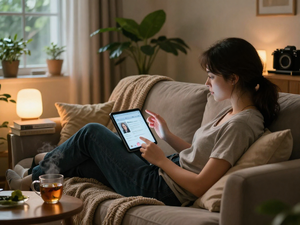 Engaging in AI sex chat on a cozy sofa with warm lighting and romance novels.