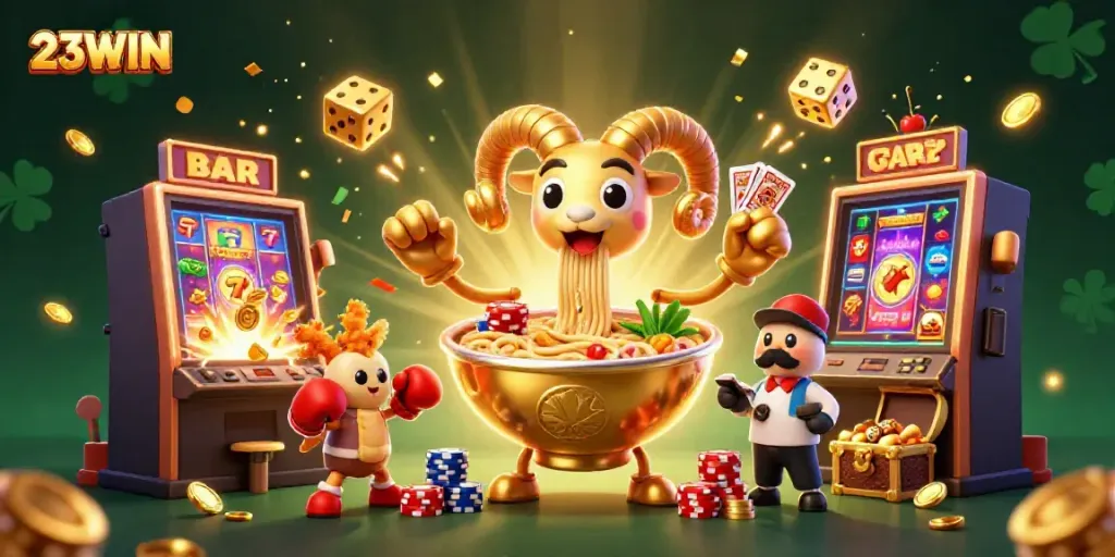 Experience thrilling gameplay with 23WIN's vibrant casino scene featuring colorful characters and winning elements.