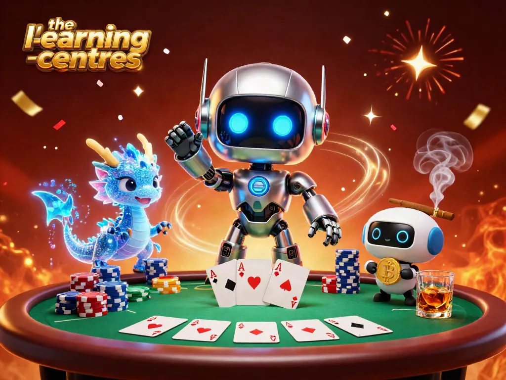 The learning centres inspired 3D illustration showcasing a robot mascot and poker elements amidst a gaming celebration.