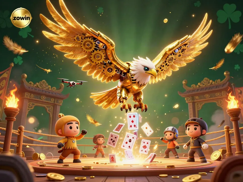Engage with the action as zowin's cybernetic eagle soars through holographic cards in a high-stakes betting scene.