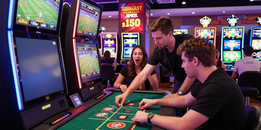 gem88 gaming scene with players enjoying sports betting, live casino, and slots in a vibrant atmosphere
