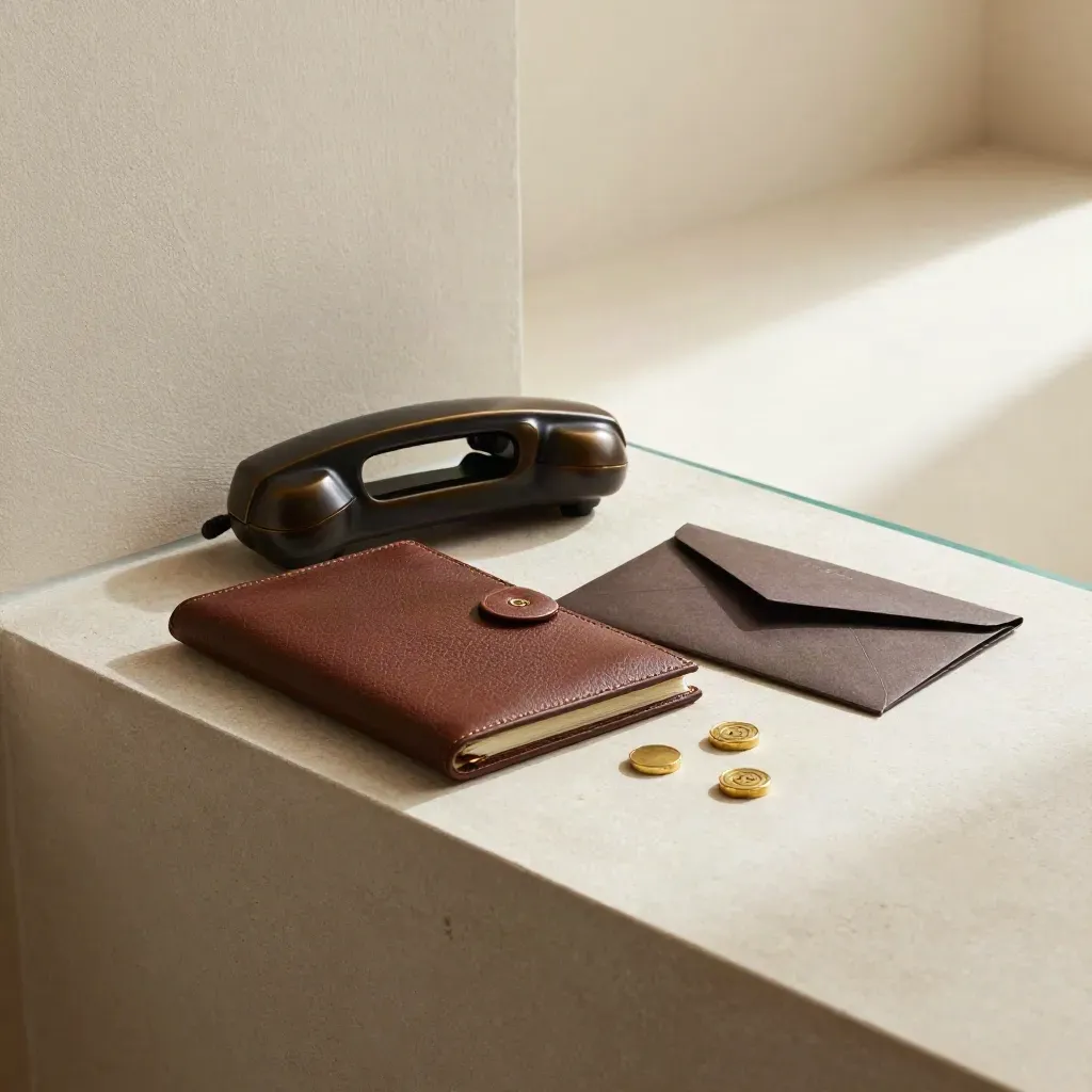 Stone investor-introduction still life with phone, address book, brass tokens and envelope sleeve.