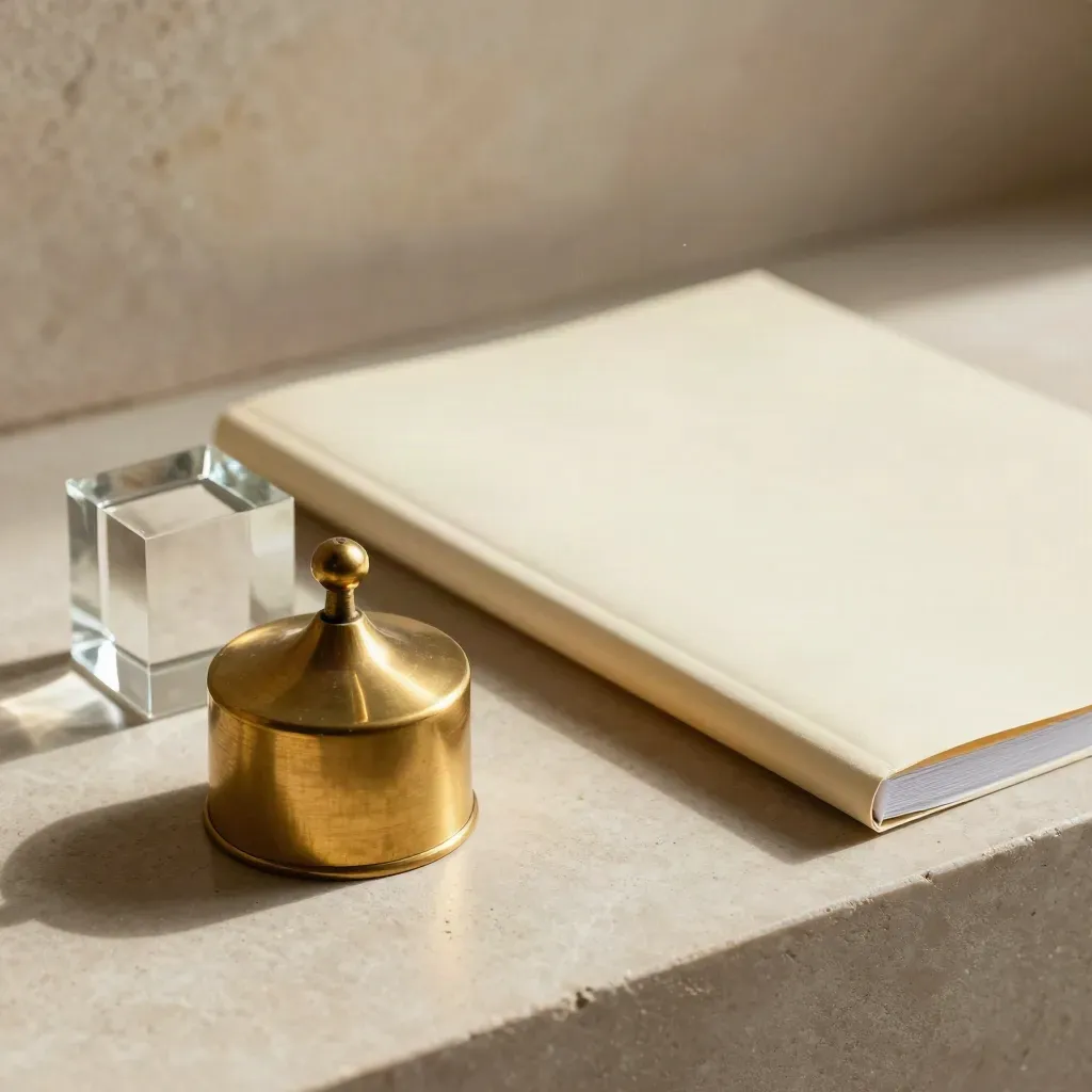 Brass weight, glass cube, and sealed folio on a warm plaster ledge in soft daylight.
