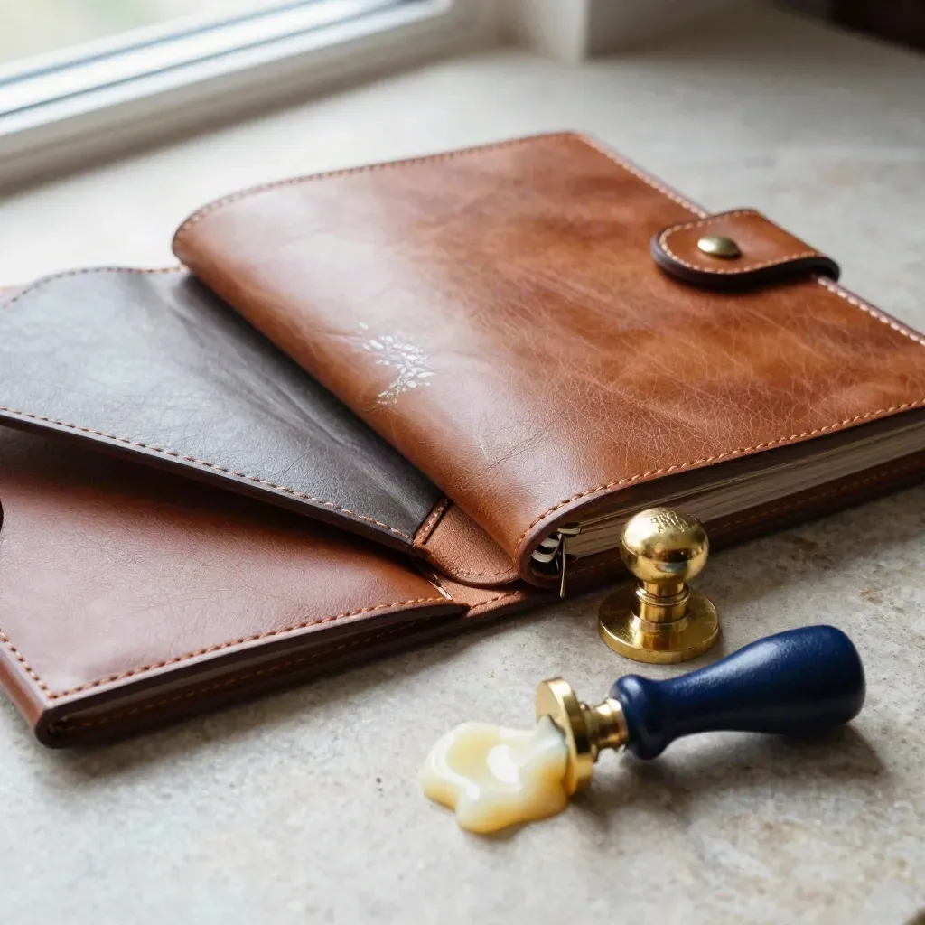 Leather merger folios, brass paperweight and wax seal kit locking together on a stone tabletop.