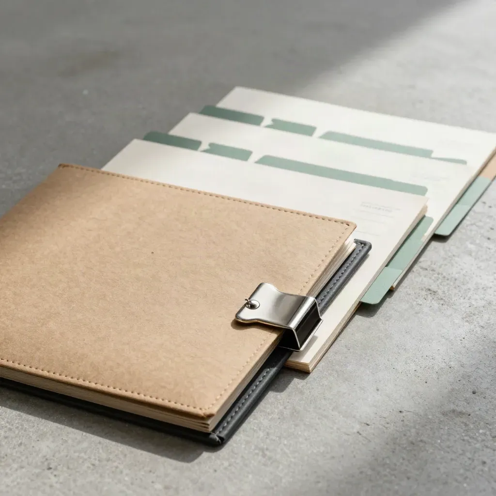 Macro of deal folders, sealed sleeves and emerald audit tabs on concrete.