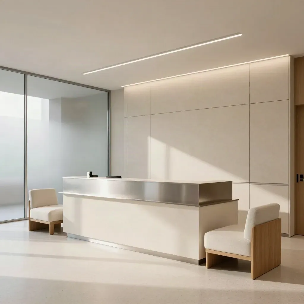 Empty merged clinic reception with seating, archive cabinets, terrazzo floor, and soft daylight