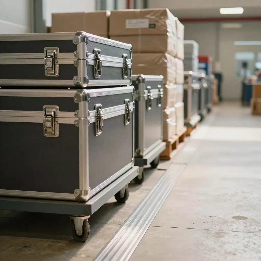 Secure cases advancing on a trolley beside a loading threshold in soft daylight.