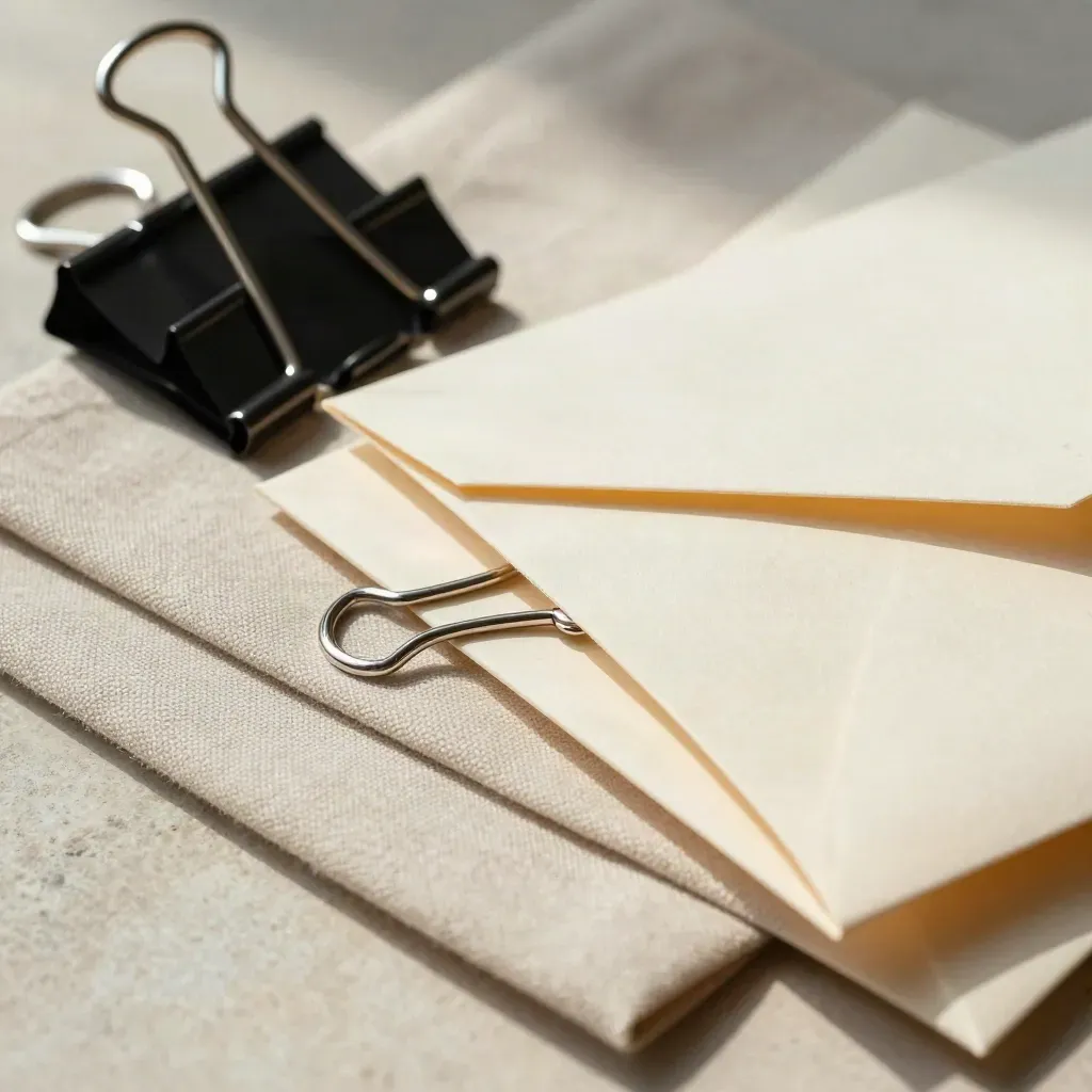 Close-up of silver binder clips, sealed envelopes and a matte black key-card holder on linen