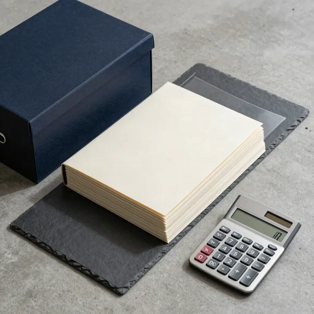 Top-down flatlay of archive box, sealed folders and calculator on cool concrete.