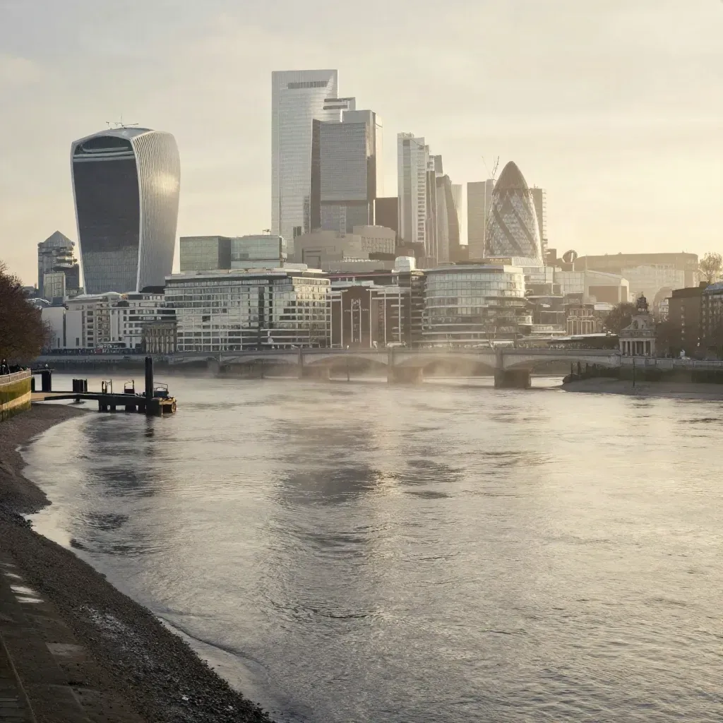 Misty Thames at dawn with London skyline high and calm water below for copy.