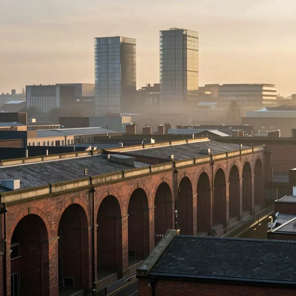 Manchester skyline with brick arches and glass towers above hazy dusk rooftops.