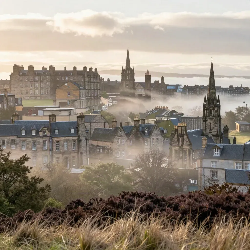 Edinburgh ridge and stone rooftops above mist and heather at first light