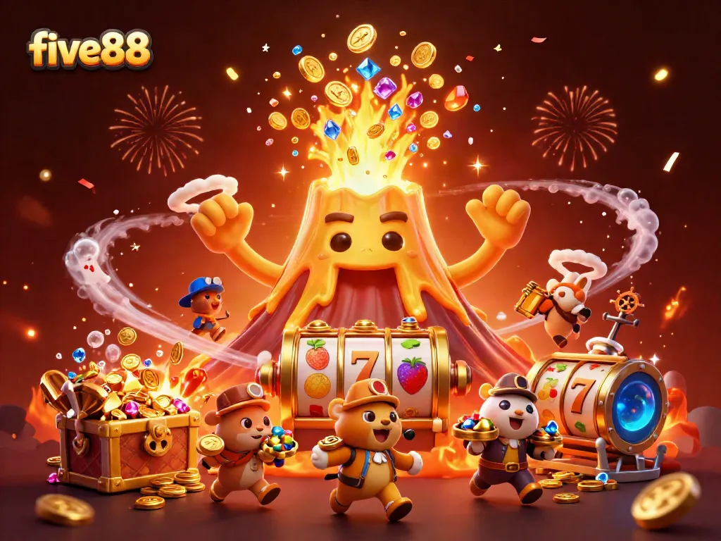 Experience thrilling wins at five88 with a vibrant 3D casino illustration showcasing dynamic slot games.