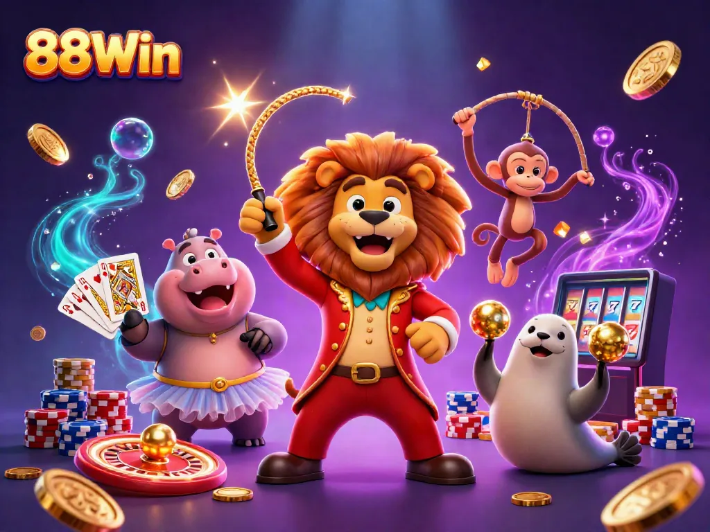 Experience the thrill of 88Win with vibrant 3D characters and casino elements, showcasing exciting gaming action.