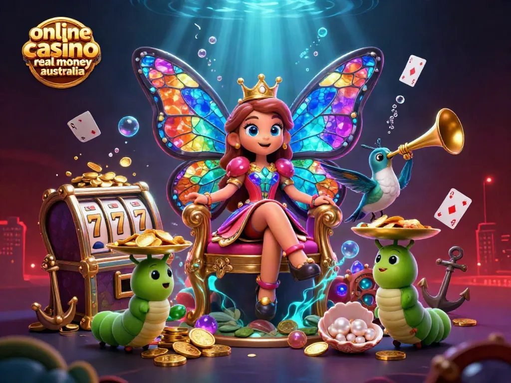 Experience the vibrant world of online casino real money Australia with a butterfly queen amid colorful slots and treasures.