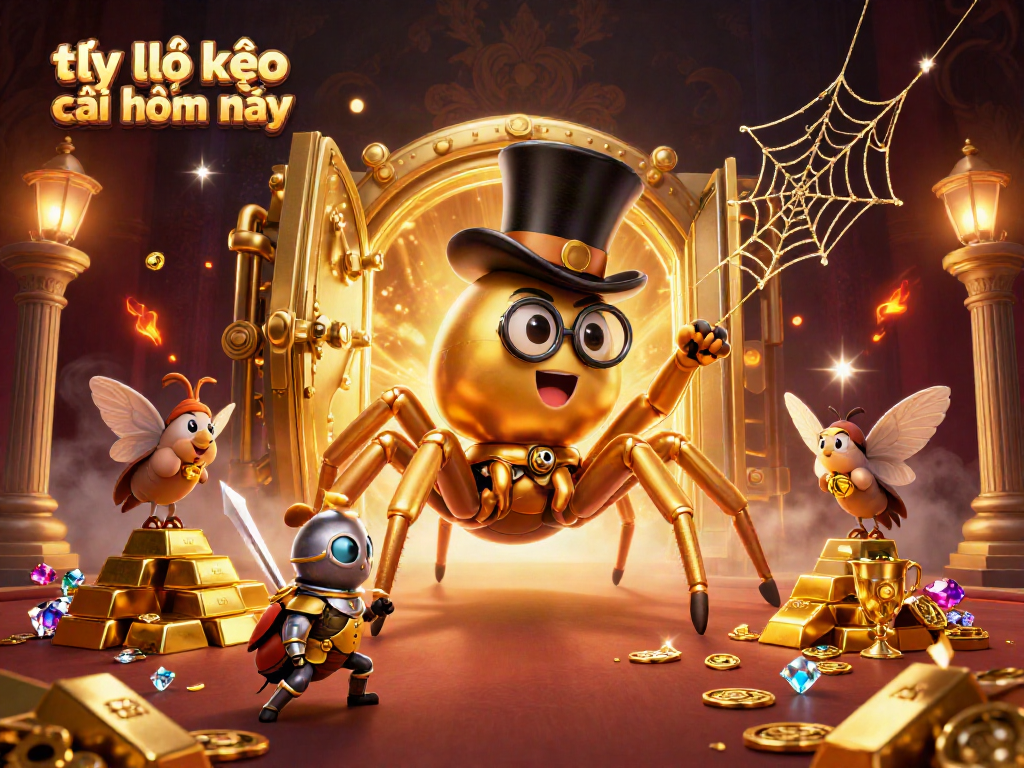 The captivating scene features a golden tarantula and a beetle knight showcasing tỷ lệ kèo nhà cái hôm nay amidst dazzling casino treasures.