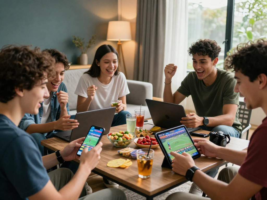 Friends engaging with EK333 app while enjoying live sports at home