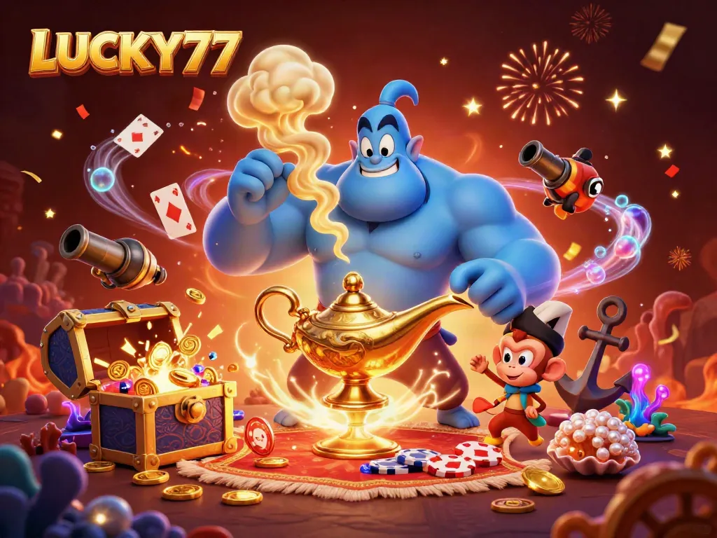 Engage in the excitement of LUCKY77 with dazzling gambling elements and vibrant characters.