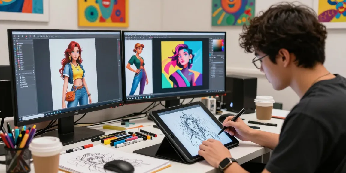 Creating NSFW AI character designs in a vibrant studio with digital artistry tools and engaging atmosphere.