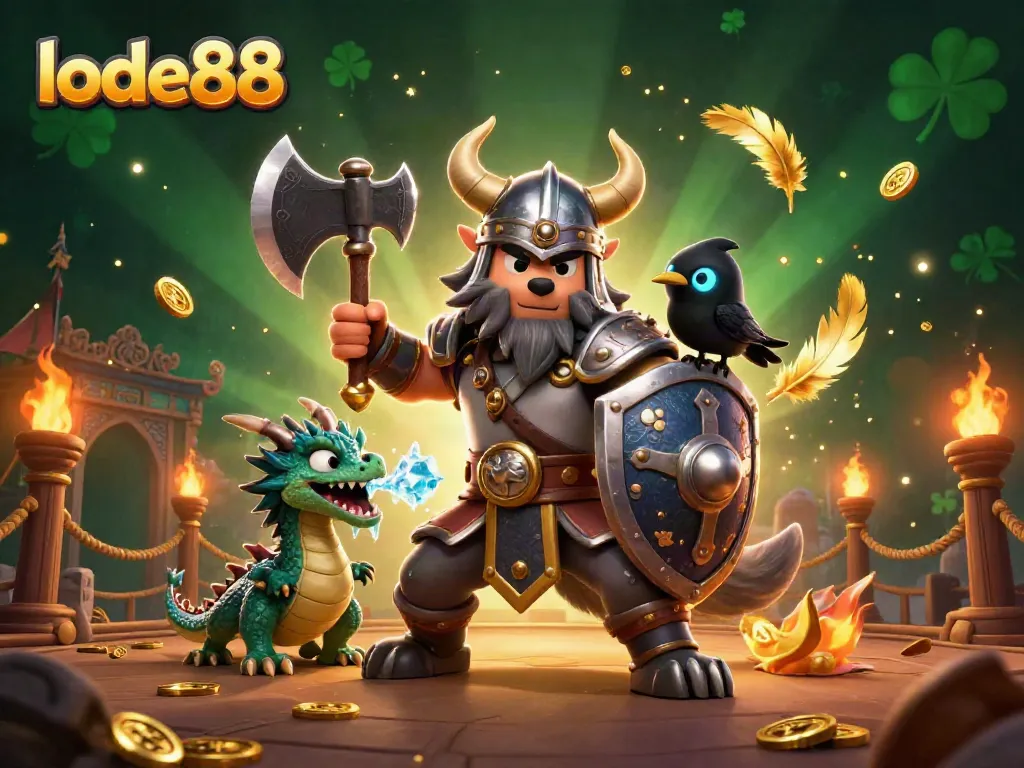 Experience thrilling adventures at lode88 with a Viking warrior, dragon, and treasures.