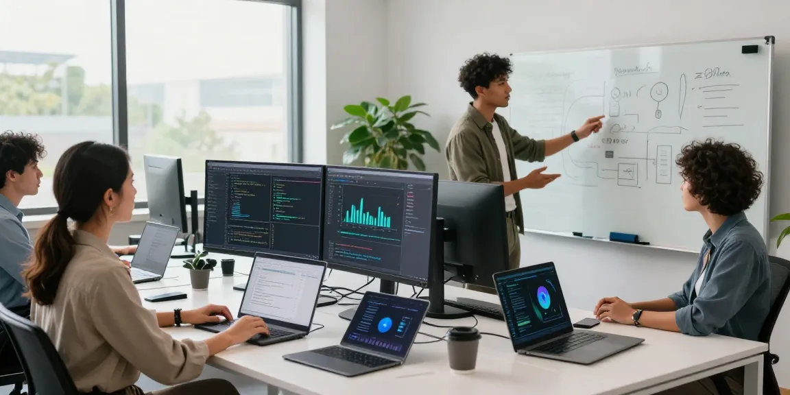 Professionals collaborating on AI productivity tools in a modern workspace, showcasing teamwork and innovation.