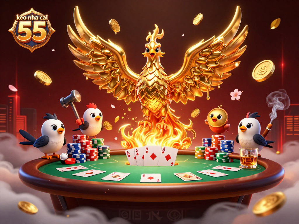 Enhance your play with keo nha cai 55 as a golden phoenix rises above a vibrant poker scene.