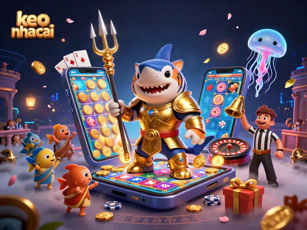Engage in keo nha cai betting with a dynamic scene featuring a tiger shark, vibrant casino elements, and immersive underwater action.
