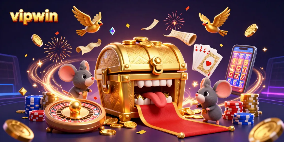 Experience the thrill of vipwin casino with a vibrant 3D treasure hunt scene bursting with action and rewards.