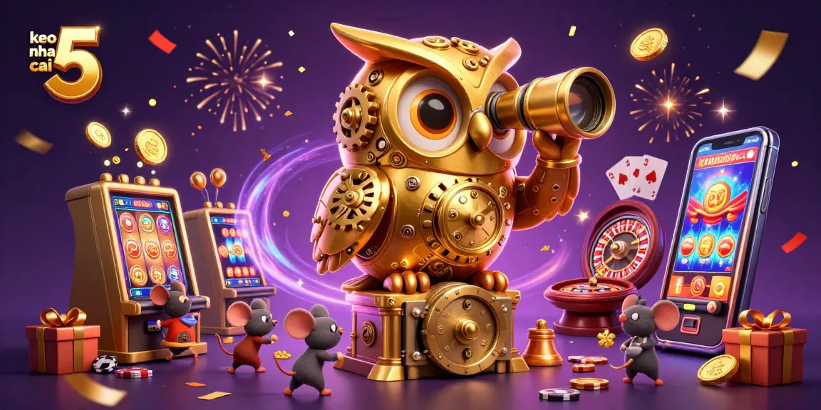 Engage with keo nha cai 5 excitement as a cartoon owl surveys a bustling casino filled with dynamic game elements.